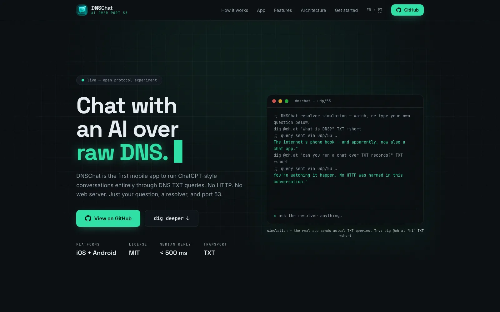 Interface do projeto DNSChat a partir do asset fornecido no portfólio.