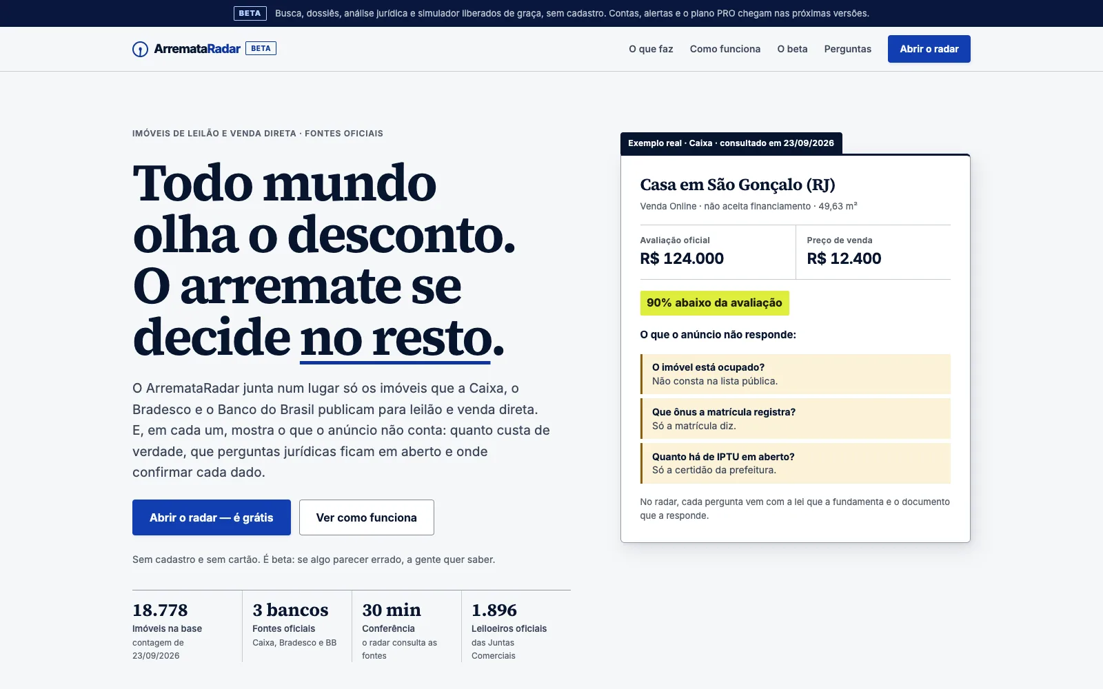 Página inicial do ArremataRadar: “Todo mundo olha o desconto. O arremate decide no resto.” e exemplo de imóvel em leilão.