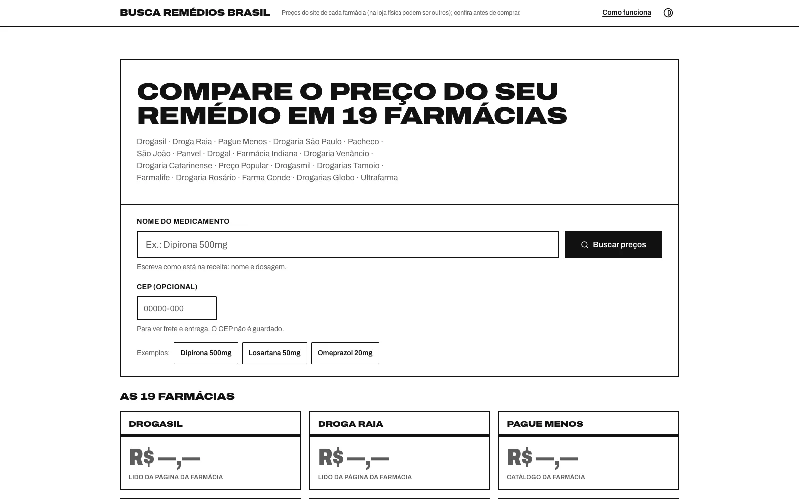 Página inicial do Busca Remédios Brasil: “Compare o preço do seu remédio em 19 farmácias” acima do formulário de busca.