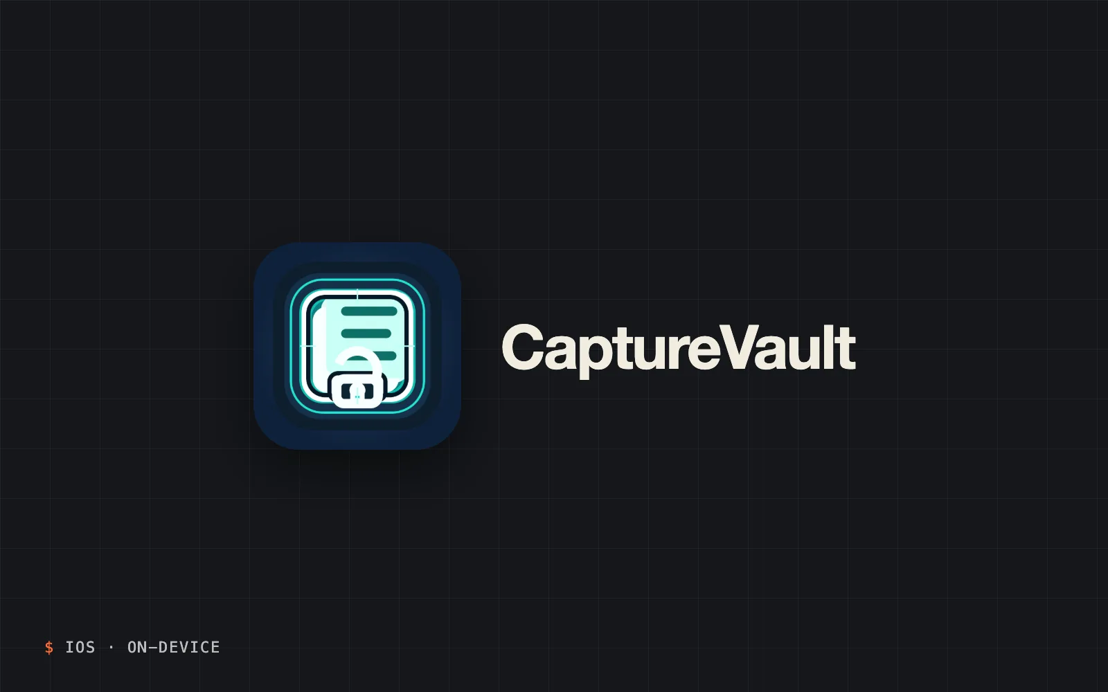 Ícone do app CaptureVault, um documento com cadeado, ao lado do nome em fundo escuro, com a legenda “iOS · on-device”.