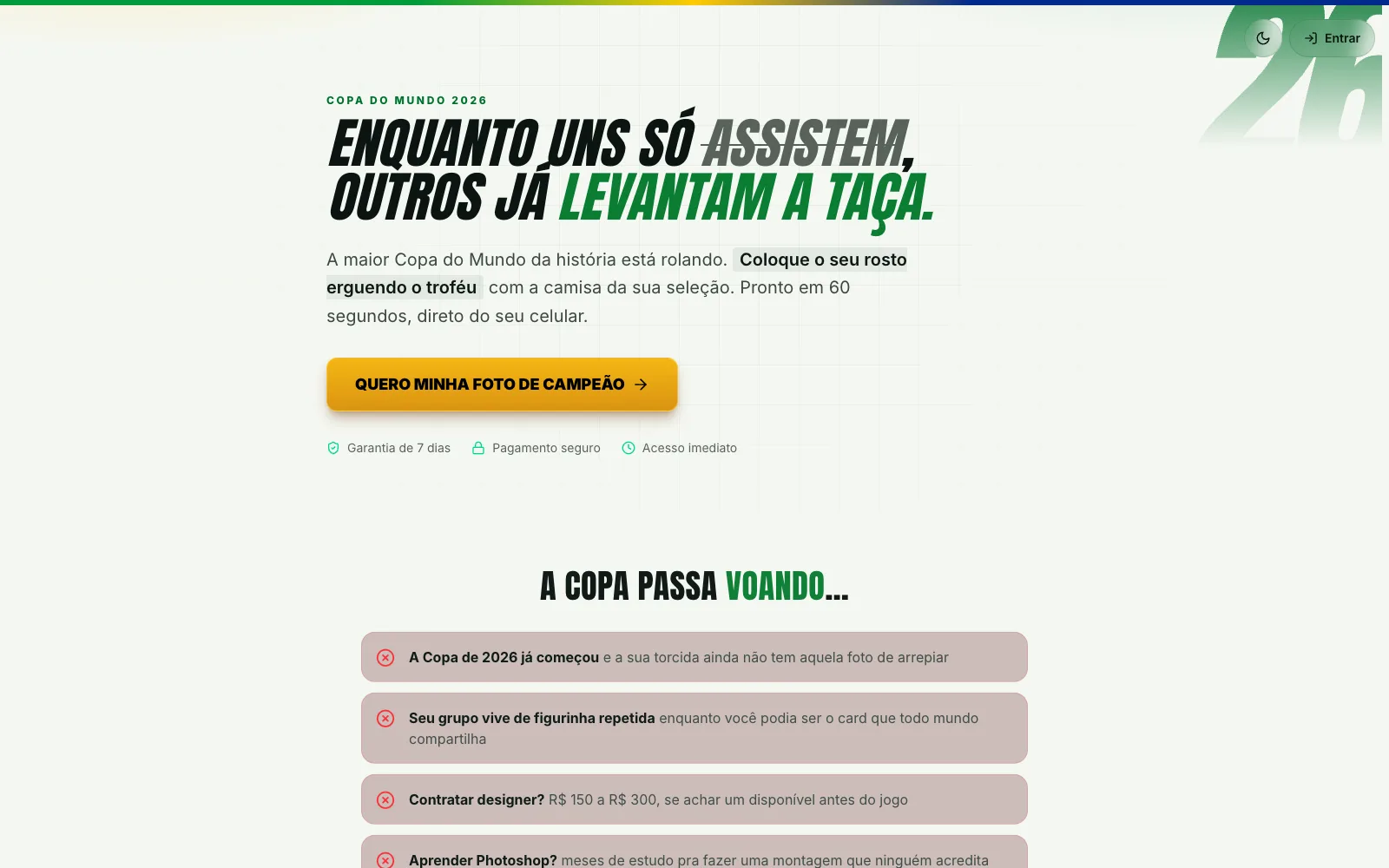 Levante a Taça landing page: “Enquanto uns só assistem, outros já levantam a taça.” with a champion photo button.