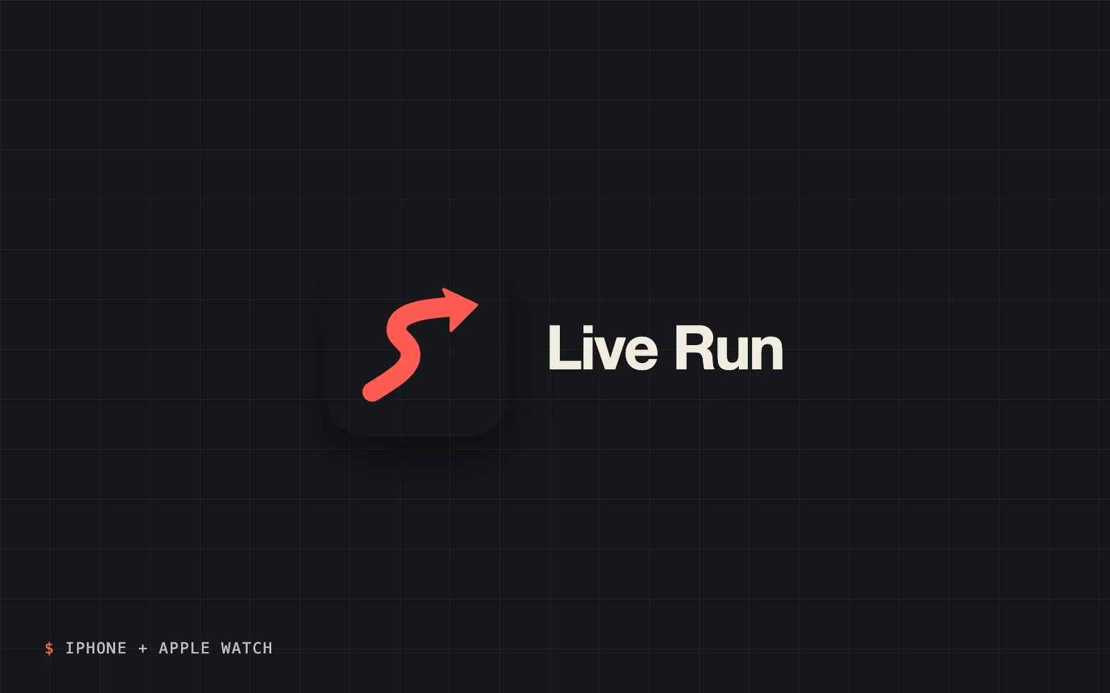 Live Run app icon, a red curved arrow, beside the name on a dark card labelled “iPhone + Apple Watch”.