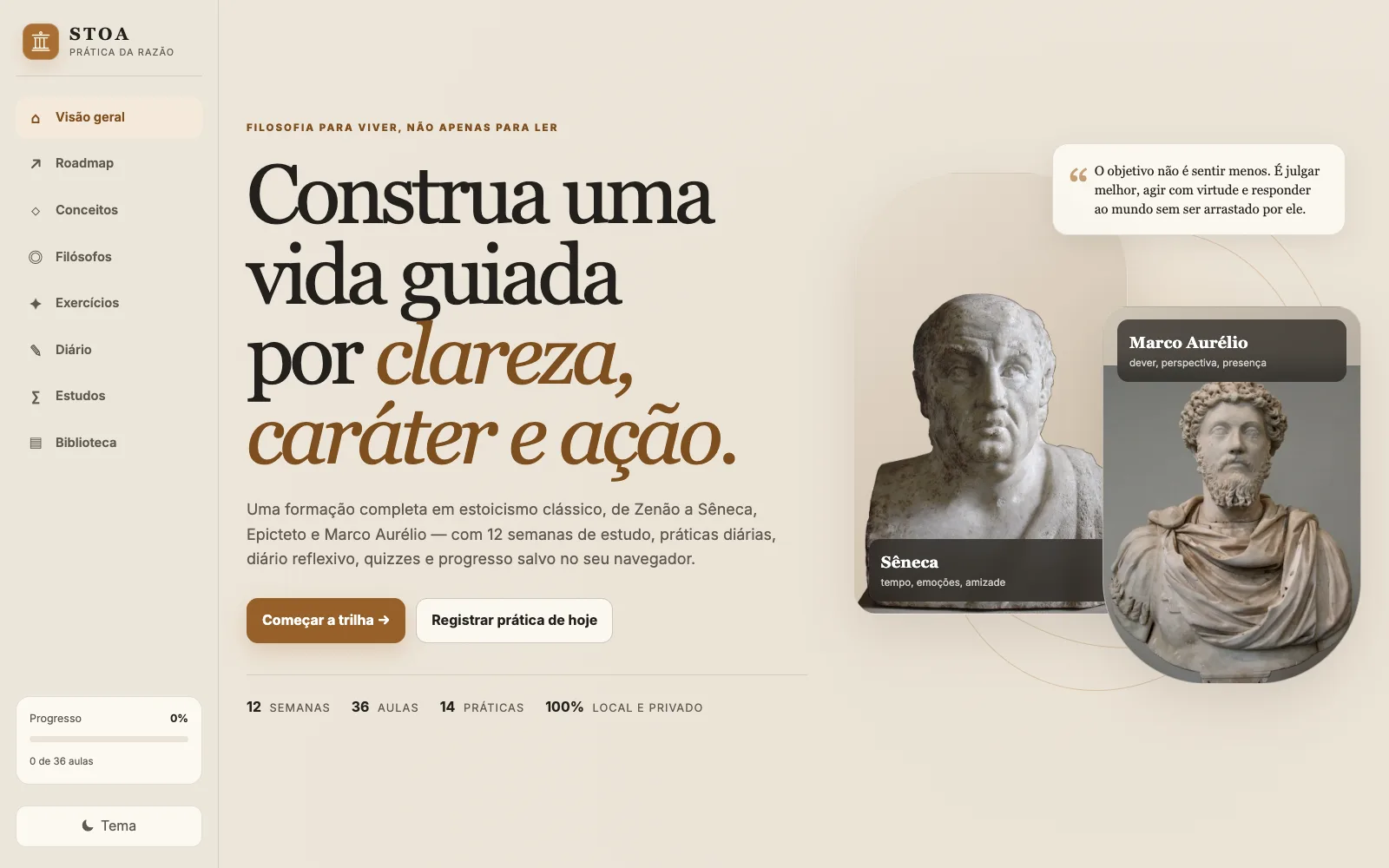 A página inicial do STOA: um curso de estoicismo em pt-BR que roda só no navegador.
